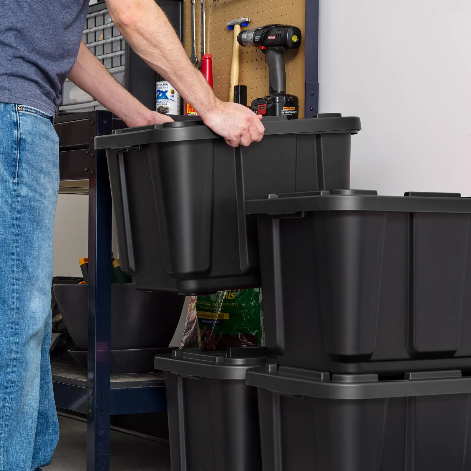 11.5Gal/46Qt 4 Pack All-Weather Heavy-Duty Stackable Storage Plastic Bin Tote Container with Quick Snap Lid, (20" L x 15" W x 14" H), Black