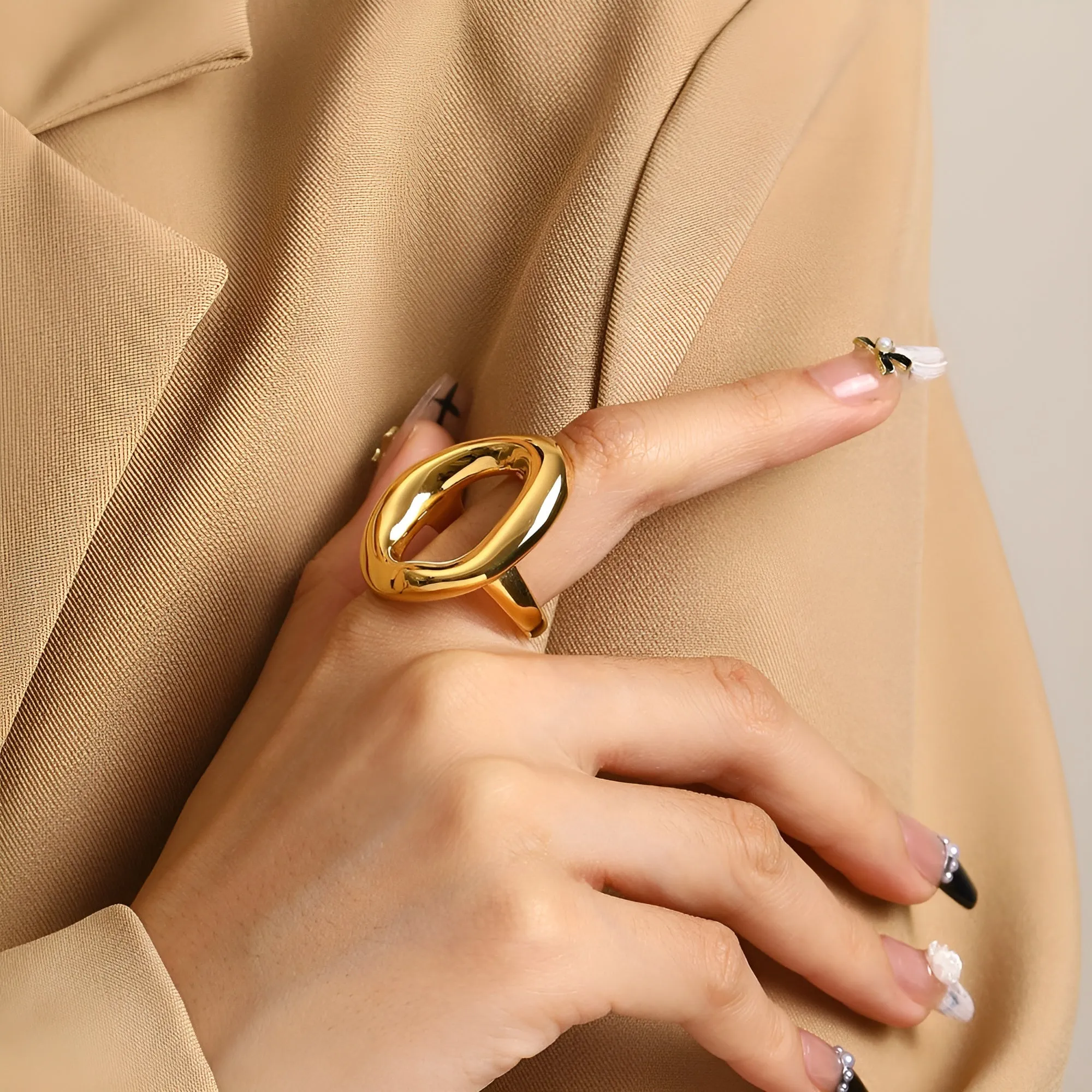 18K Gold Plated Stainless Steel Oval Statement Ring