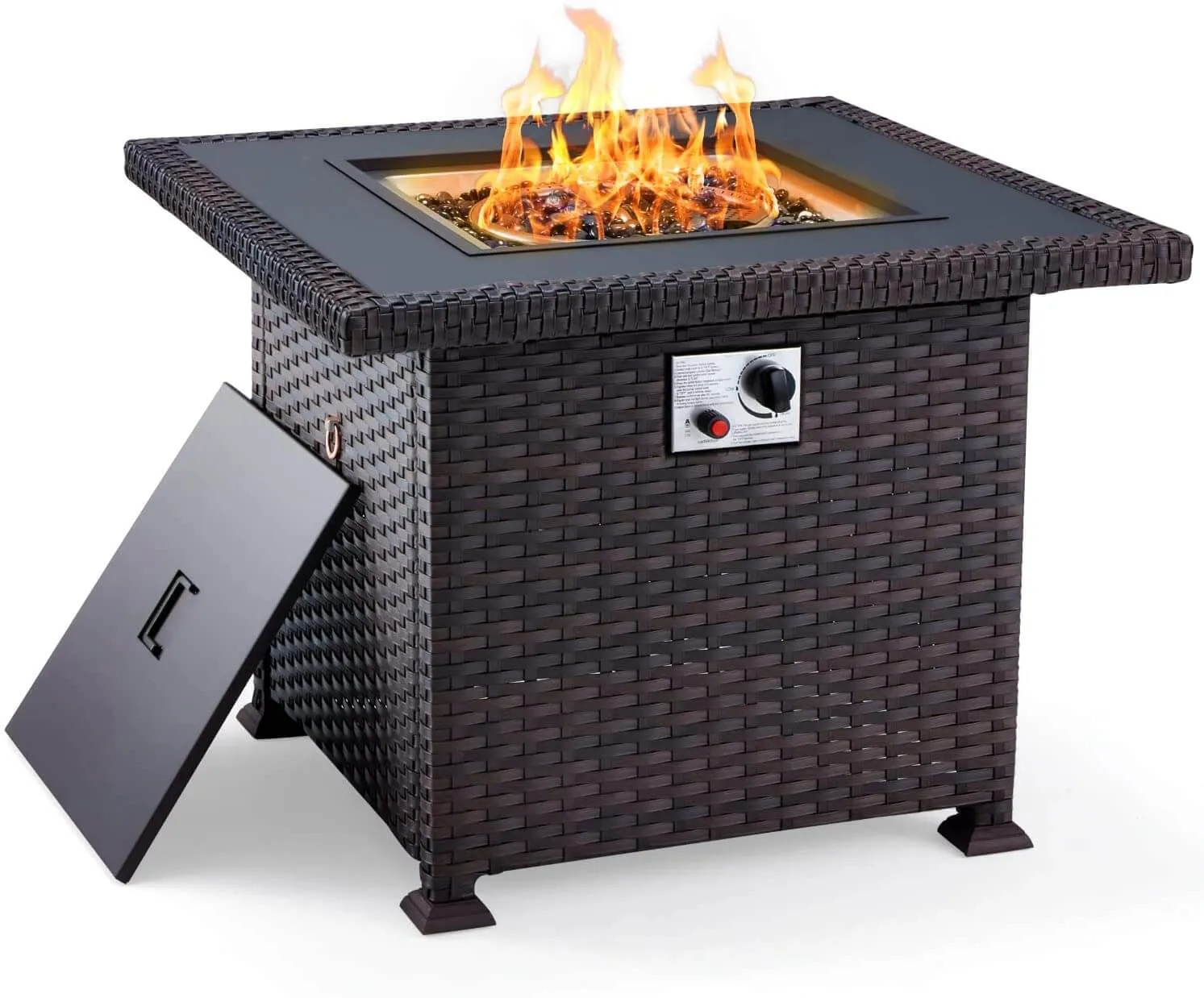 32'' Propane Fire Pit Table, 50000 BTU Square Gas Fire Pit w/Glass Rocks, Brown