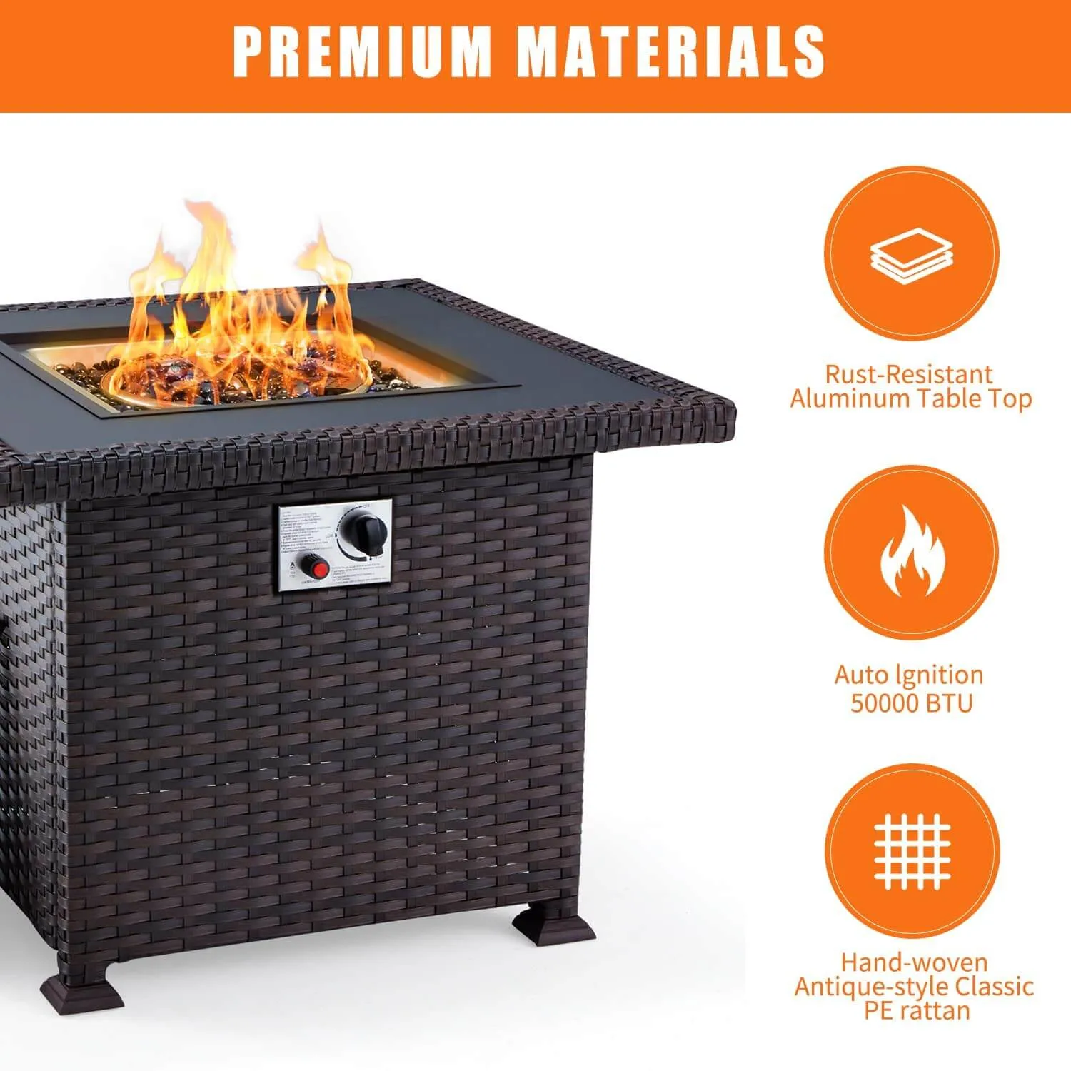 32'' Propane Fire Pit Table, 50000 BTU Square Gas Fire Pit w/Glass Rocks, Brown