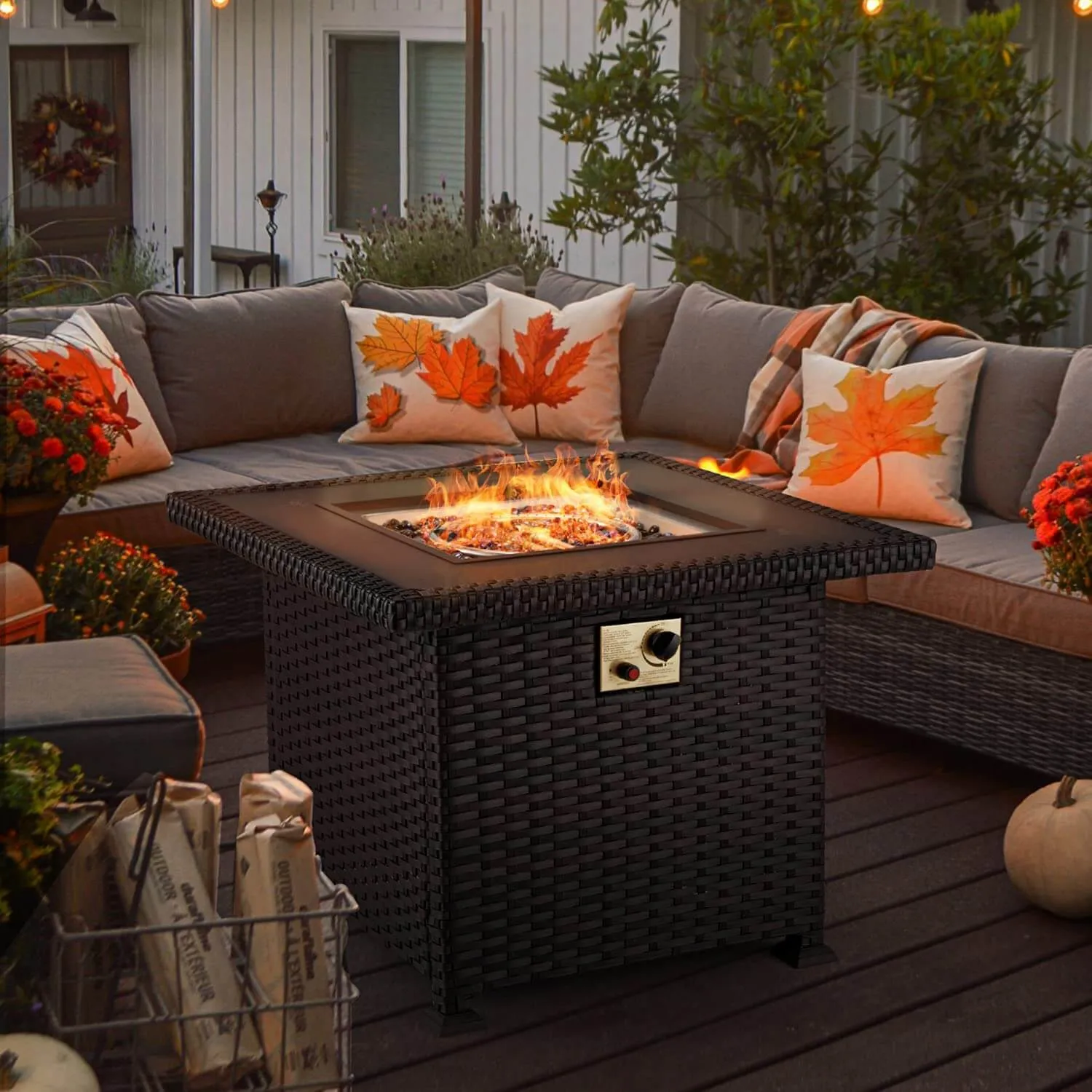 32'' Propane Fire Pit Table, 50000 BTU Square Gas Fire Pit w/Glass Rocks, Brown