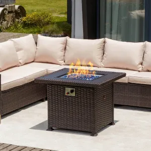 32'' Propane Fire Pit Table, 50000 BTU Square Gas Fire Pit w/Glass Rocks, Brown