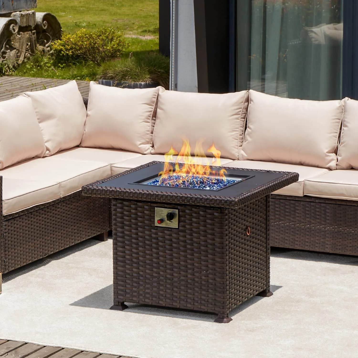 32'' Propane Fire Pit Table, 50000 BTU Square Gas Fire Pit w/Glass Rocks, Brown