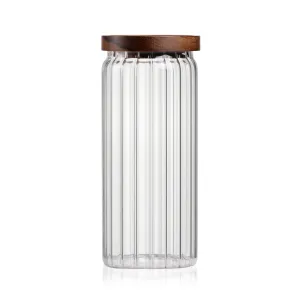 Consol Glass Round Ribbed Canister 1000ml (1L) With Acacia Lid