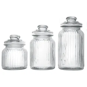 Exclusive Line Ripple Food Storage Tall Glass Jar Canister with Airtight Lid, 42.5 Ounces, 31.8 Ounces, 21.3 Ounces - 3-Piece Set