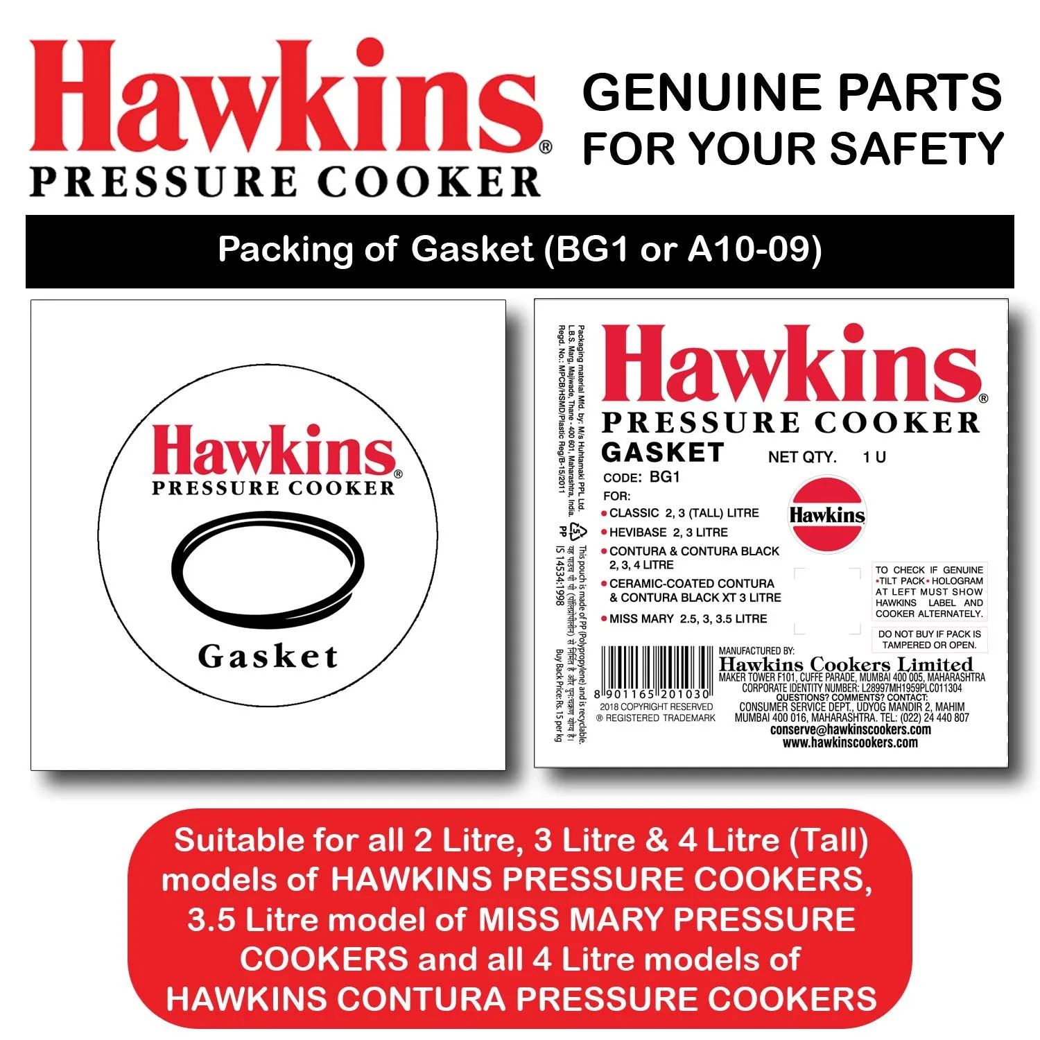 Hawkins Gasket For Miss Mary 3.5 Litre Pressure Cookers | All Contura 4 Litre Pressure Cookers