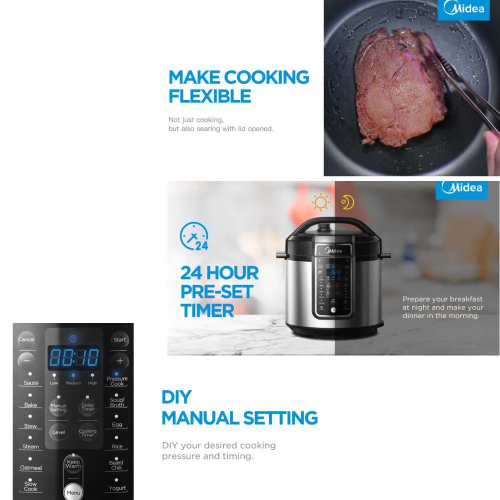 Midea 5.7L Pressure Cooker - 12 Programs, 9-in-1 Safety Features, High-Pressure Quick Cook