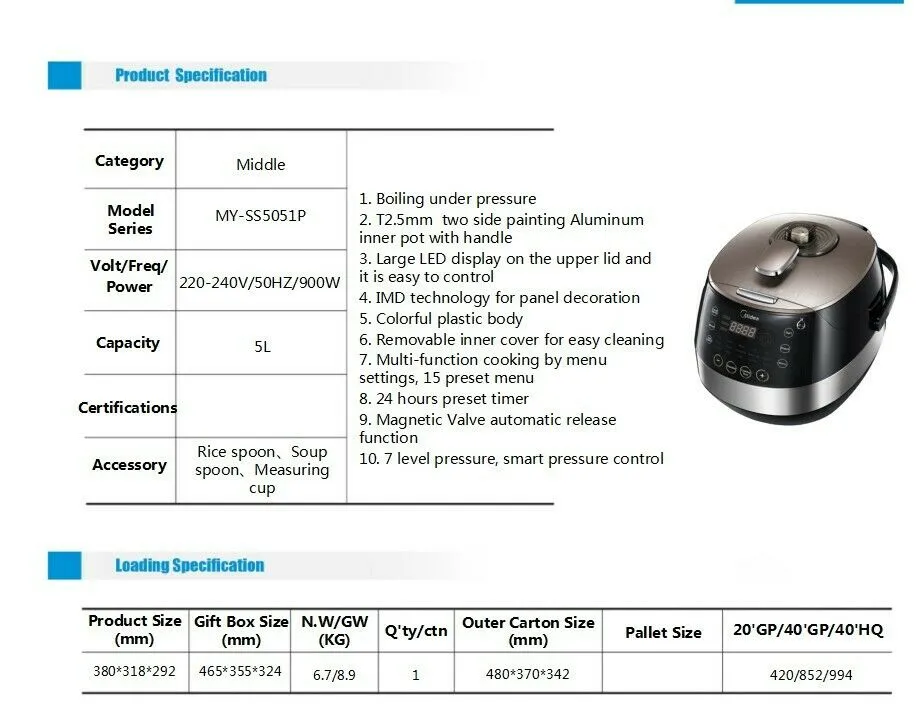 MIDEA SDA 5L Pressure Cooker IMD technology 15 preset menu 24 hours preset time MY-SS5051P