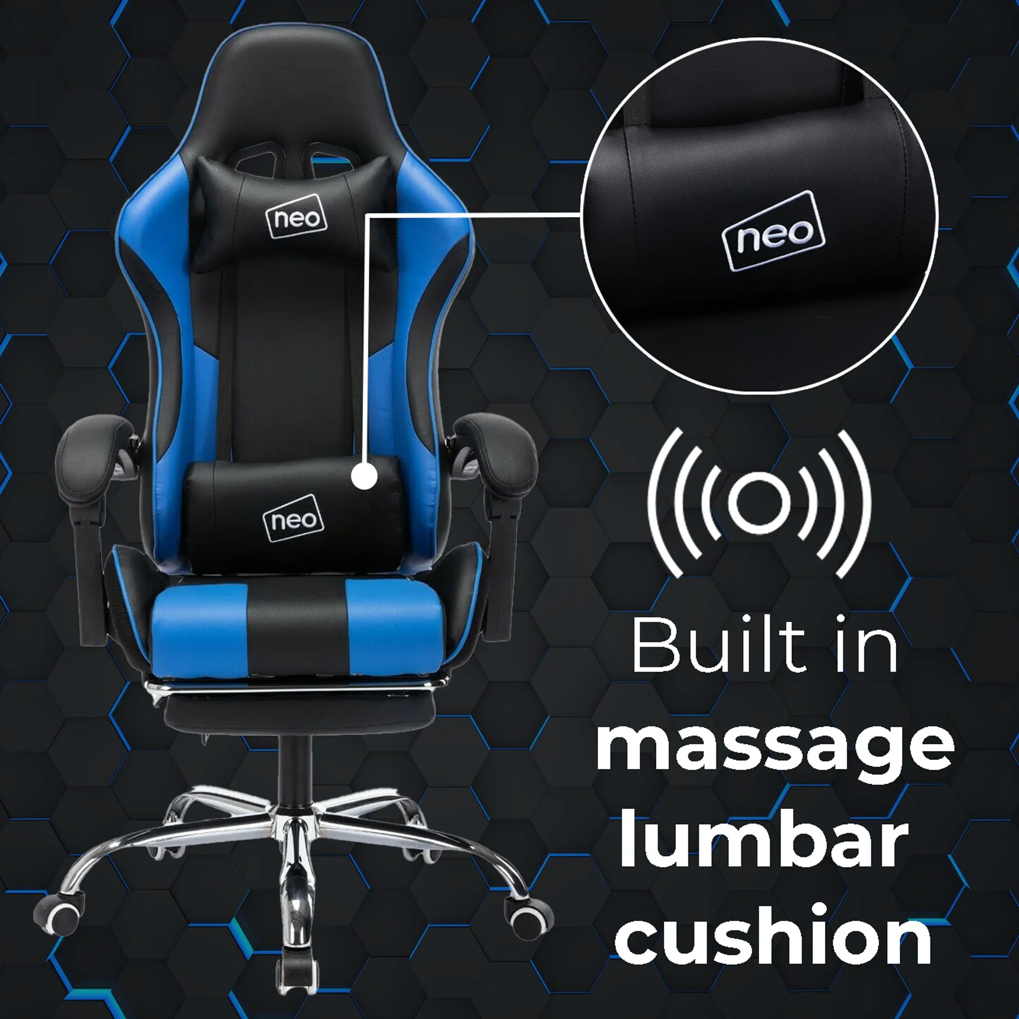 Neo Blue and Black Leather Gaming Chair With Massage Function & Footrest