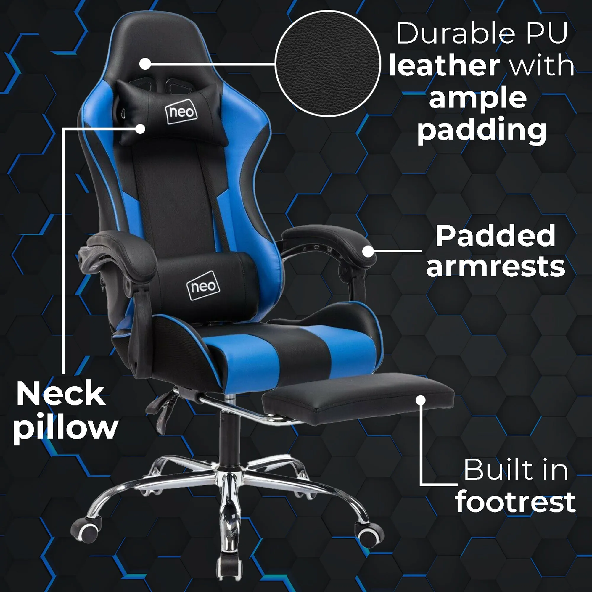 Neo Blue and Black Leather Gaming Chair With Massage Function & Footrest