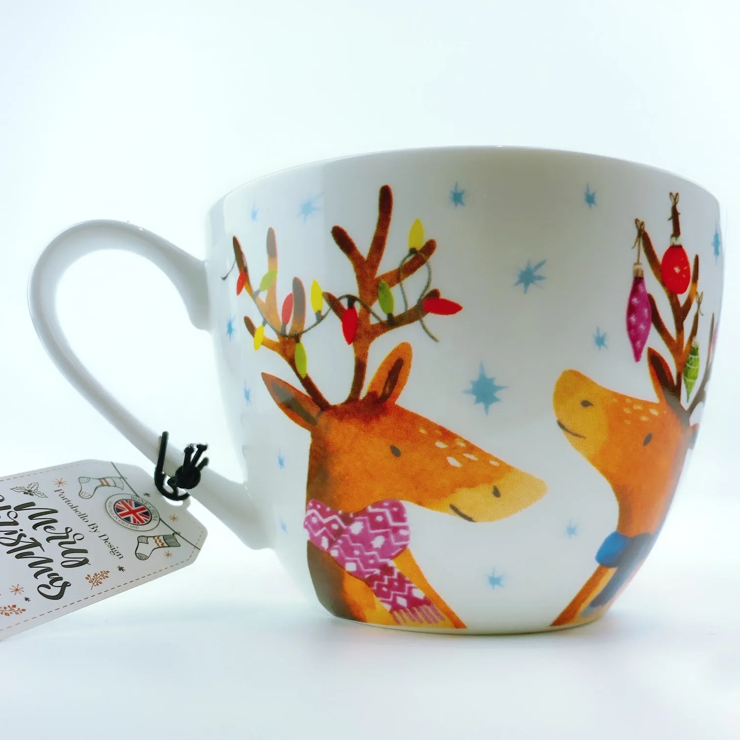 Portobello Oh, Deer Christmas Reindeer Design - 20 oz XL Bone China Coffee/Tea Mug