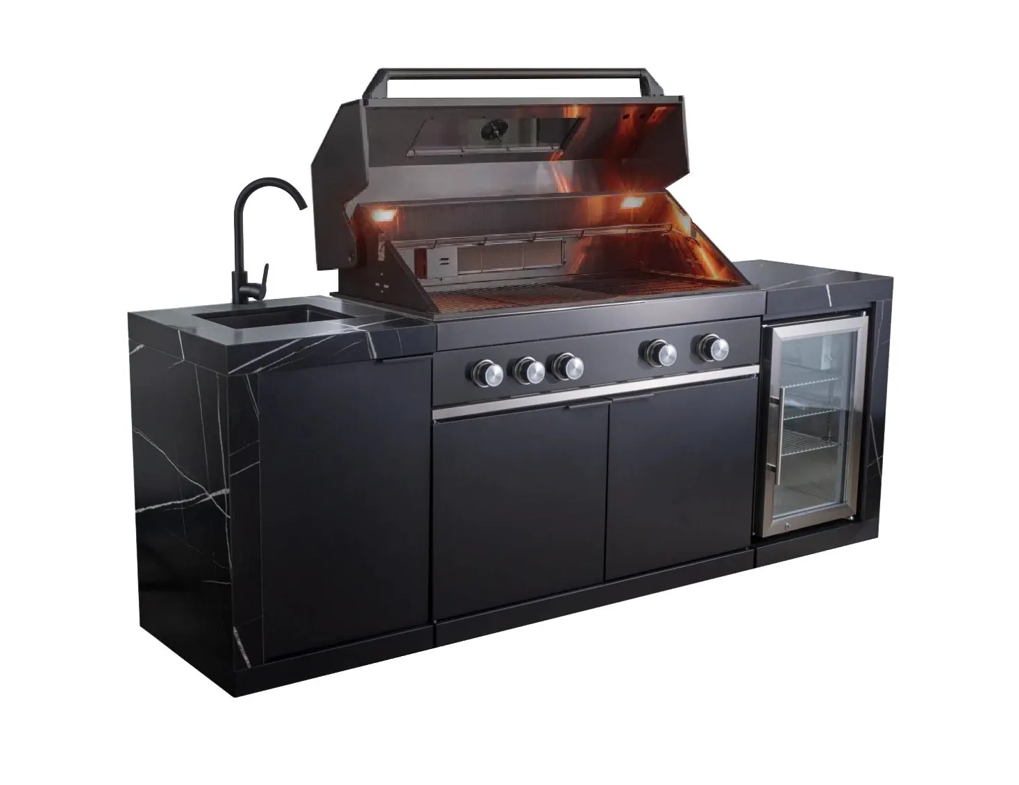 Rockpool 4B: Designer Black Outdoor BBQ Kitchen Package inc Fridge, Sink Rear Infrared, Rotisserie, BBQ Cover