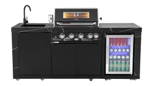 Rockpool 4B: Designer Black Outdoor BBQ Kitchen Package inc Fridge, Sink Rear Infrared, Rotisserie, BBQ Cover