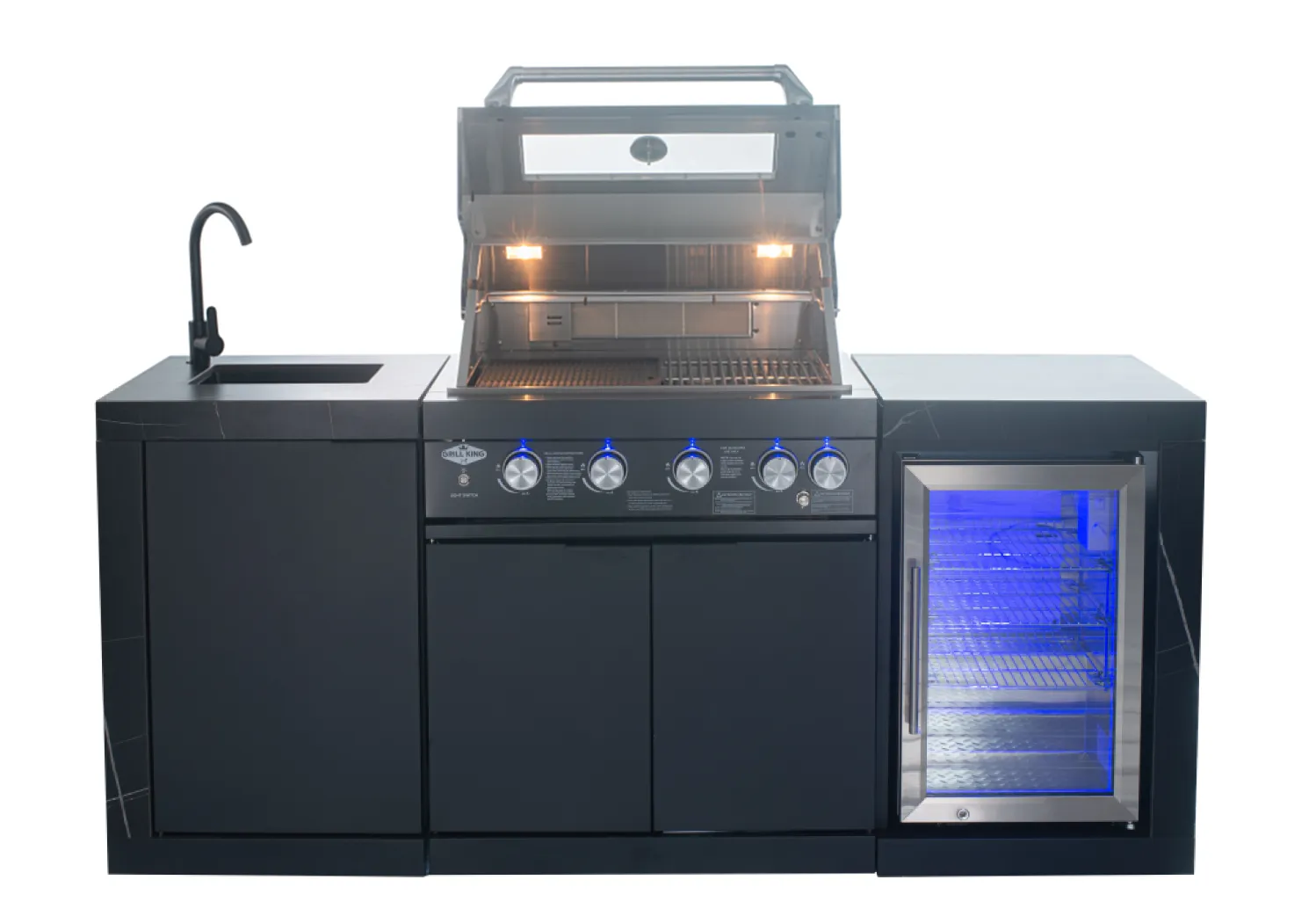 Rockpool 4B: Designer Black Outdoor BBQ Kitchen Package inc Fridge, Sink Rear Infrared, Rotisserie, BBQ Cover