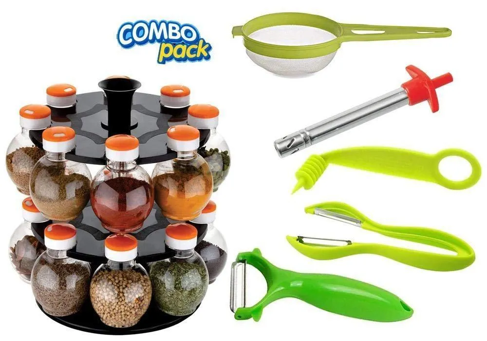 Your Brand Kitchen combo - Revolving 16pc Plastic Spice Rack, Vegetables Spiral Cutter, Gas Lighter, Big Tea Strainer Sieve/Chai Chalni with Single sided & Double sided peeler (6 pcs)